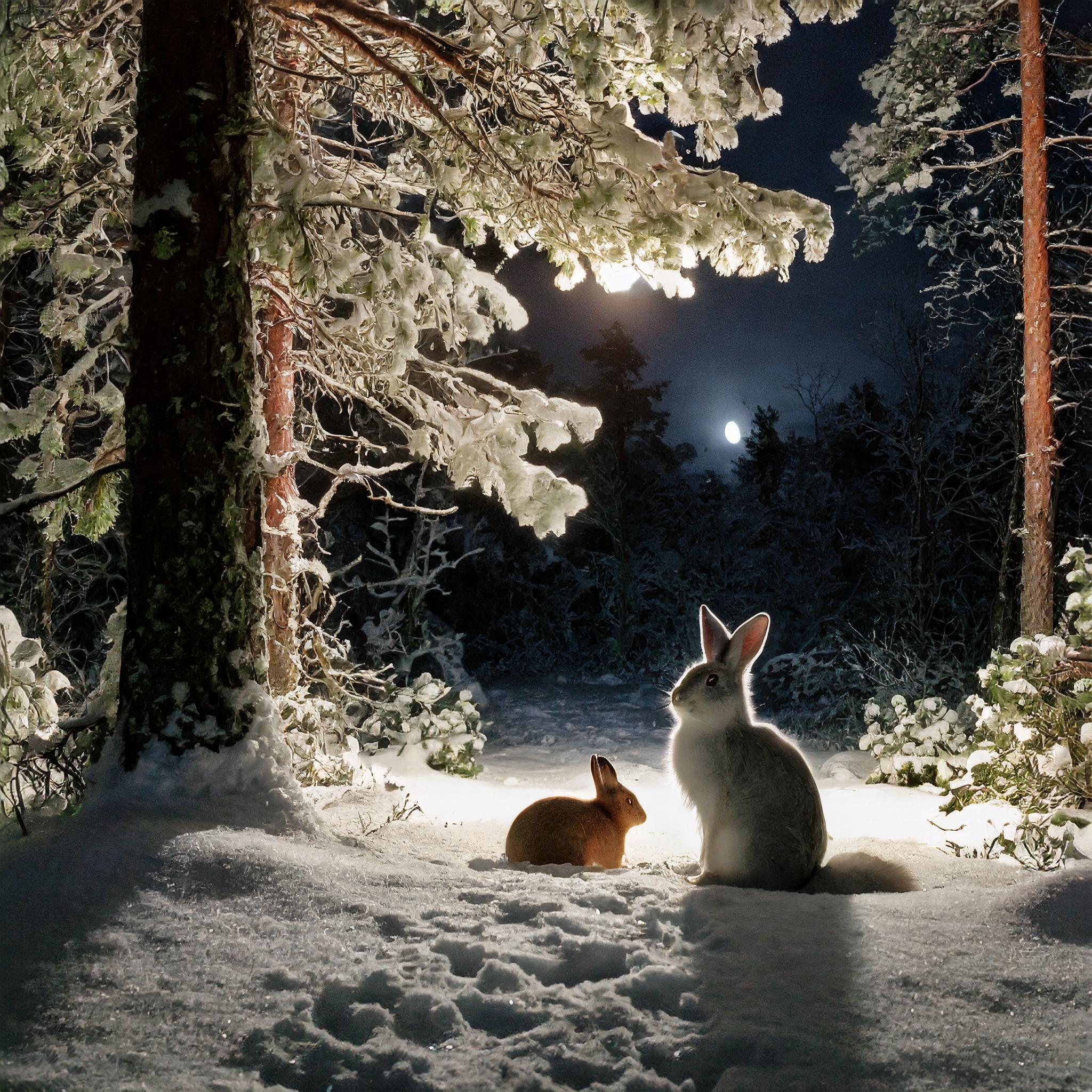 photo of swedish woods at night, covered in snow with rabits.
